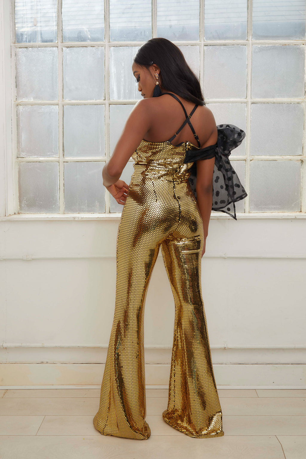 CELESTE Metallic Gold Sleeveless Jumpsuit with Polka Dot Bow Wrap-Around Detail