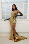 KENYA orange backless high slit a-line evening gown with bell sleeves