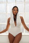 HONOR ivory white sequin hooded one piece pool party swimsuit